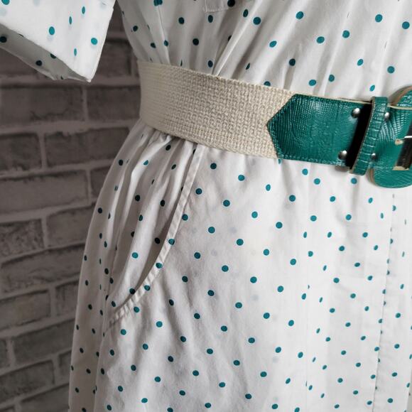 80s White & Teal Polka Dot Shirt Dress, size 10 - Picture 4 of 7